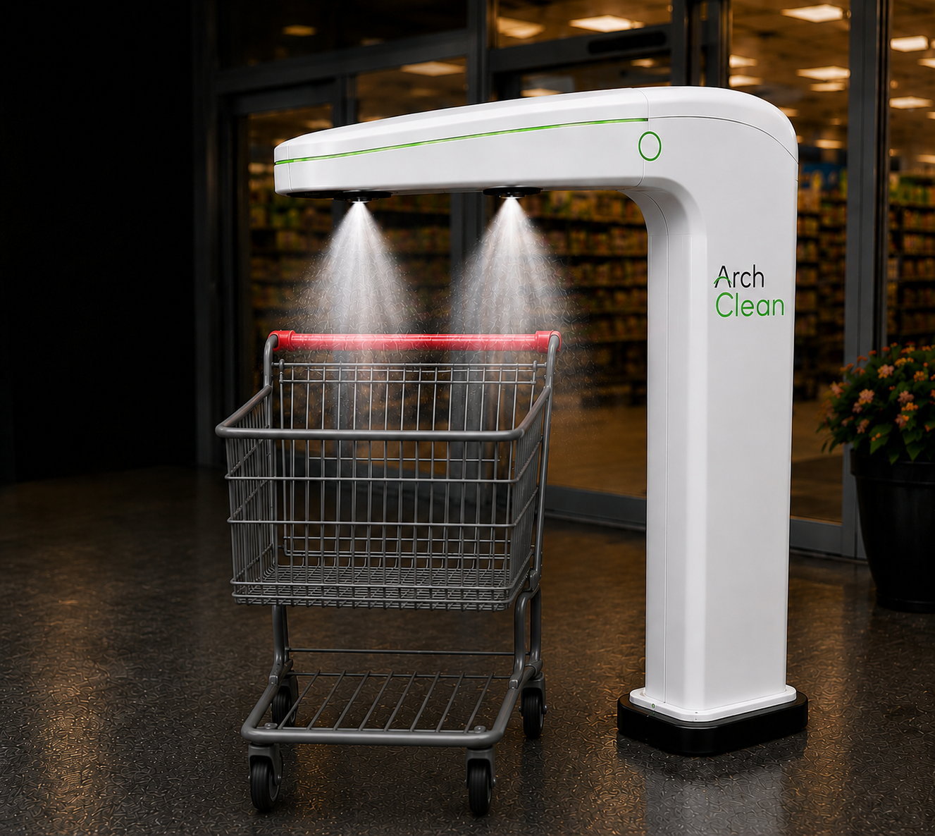 ArchClean wall-mounted smart cart sanitation system spraying a shopping cart at a store entrance